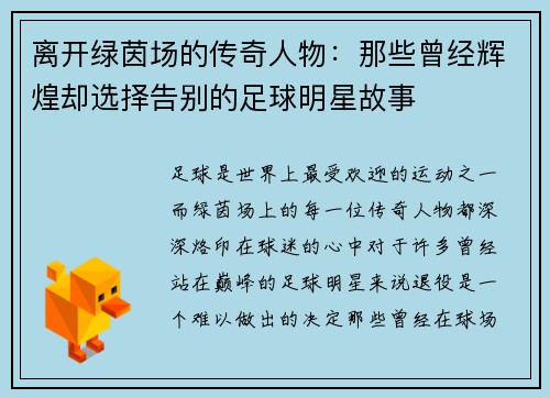 离开绿茵场的传奇人物：那些曾经辉煌却选择告别的足球明星故事